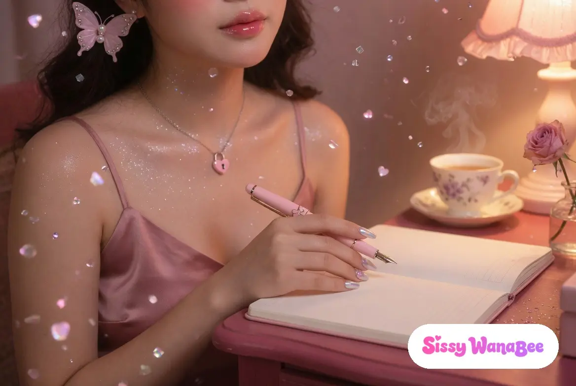 Soft close-up at a late-night writing desk, glossy pink lips closed in thoughtful reflection, pearl-nailed fingers resting on the edge of an open journal with a fountain pen between them, a small steaming teacup in warm reading-lamp light, honest reflection