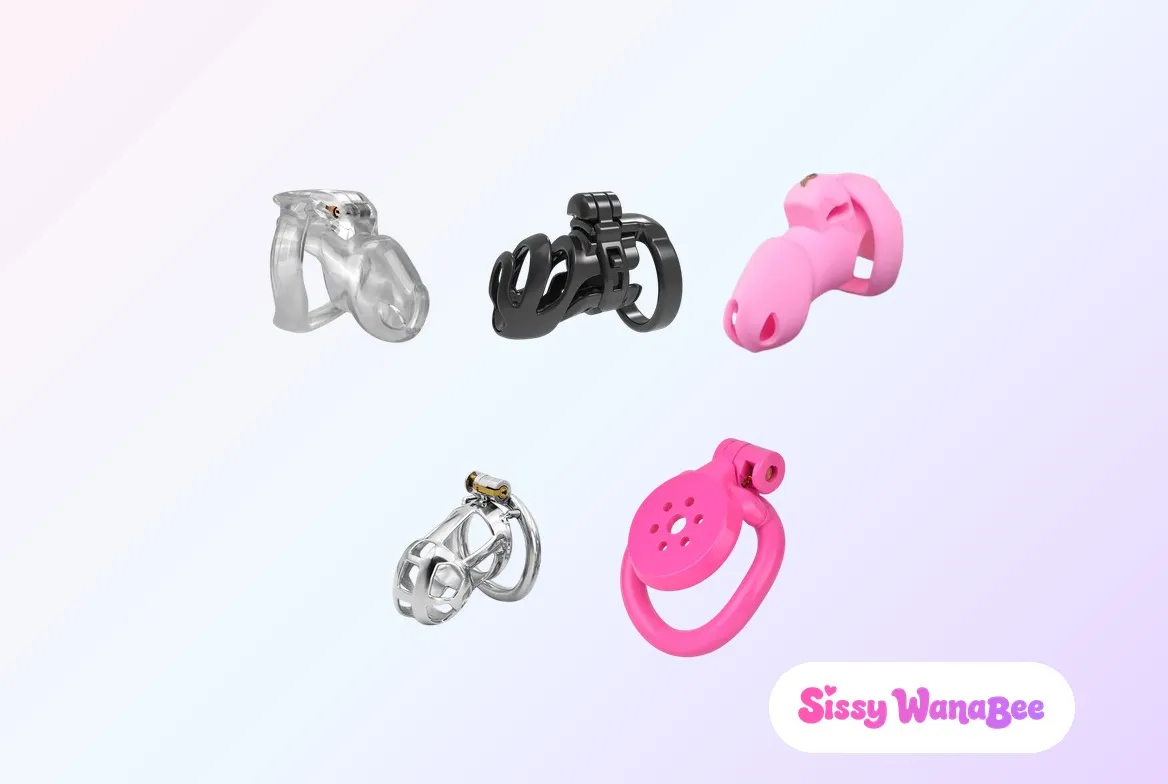 Studio product shot of five beginner chastity cages arranged three above two against a soft pink and lavender gradient, a clear resin cage with a black openwork cage and a pink silicone cage on the top row, a polished steel mesh cage and a pink flat disc cage below, the editorial calm of a tested lineup