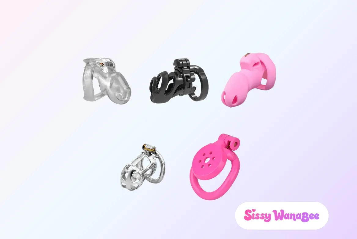Studio product shot of five beginner chastity cages arranged three above two against a soft pink and lavender gradient, a clear resin cage with a black openwork cage and a pink silicone cage on the top row, a polished steel mesh cage and a pink flat disc cage below, the editorial calm of a tested lineup