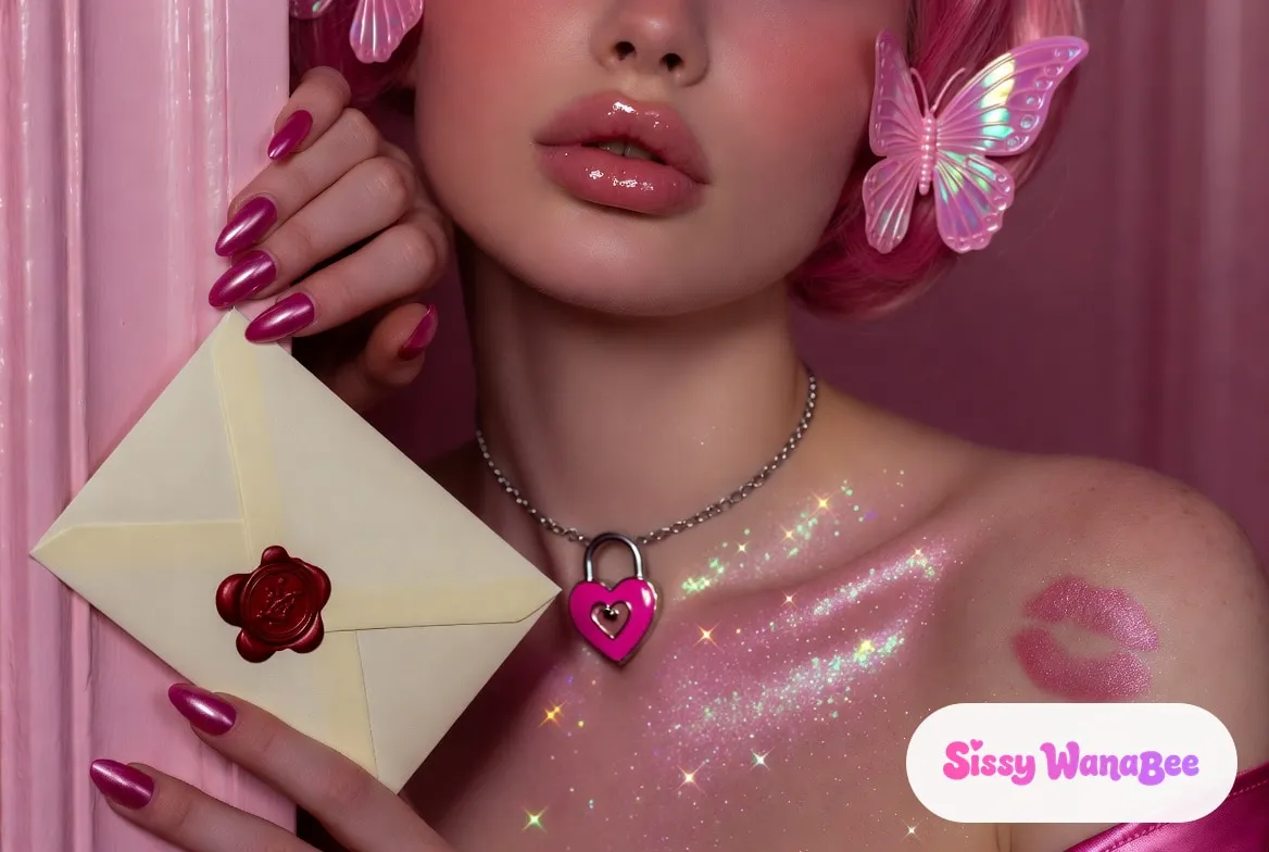 Soft close-up against a pink-painted hallway wall, pink hair with iridescent butterfly clips and glossy pink lips slightly parted, magenta-nailed hand holding a sealed cream envelope with a red wax seal, a pink heart-shaped padlock pendant on a fine chain at the throat, shimmer and a lipstick kiss mark across one bare shoulder, the negotiated edge