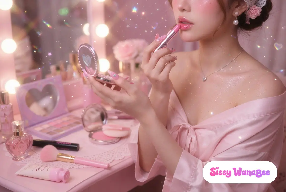 Soft close-up at a sunlit vanity applying pink lipstick mid-application, beginner makeup tray (tinted moisturiser, eyeshadow, mascara, powder) neatly arranged in front, the patient first steps of practice