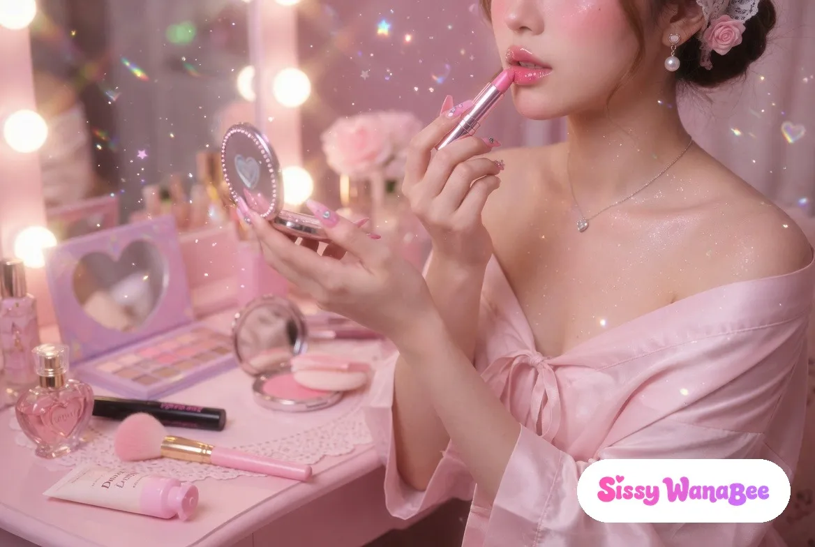 Soft close-up at a sunlit vanity applying pink lipstick mid-application, beginner makeup tray (tinted moisturiser, eyeshadow, mascara, powder) neatly arranged in front, the patient first steps of practice