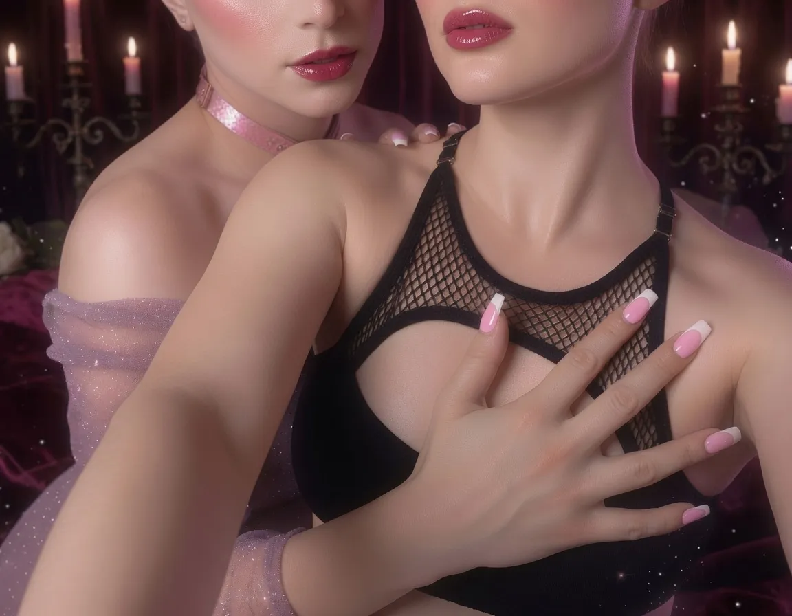 Mistress Bee in soft pink wrapping her arms around her sissy Evy in black fishnet, candlelight behind them, faces kept out of frame