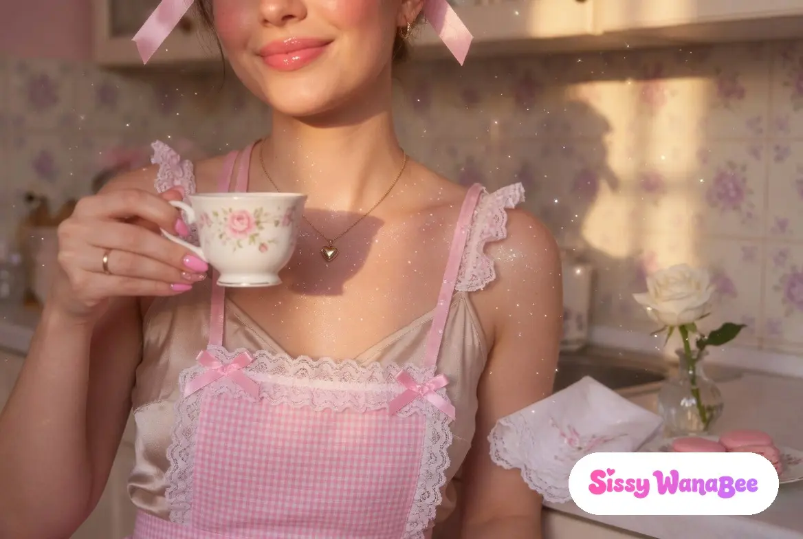 Soft close-up in a sunlit kitchen wearing a pink gingham apron over champagne silk slip, glossy pink lips curved in domestic contentment, bubblegum-pink almond-nailed hand on a closed velvet jewelry box, thin gold wedding ring visible, teacup with lipstick mark, daily-domestic-devotion