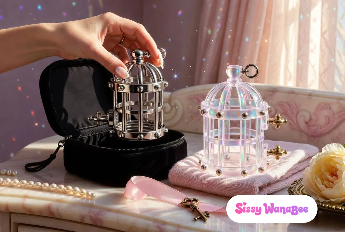 Soft close-up of a pearl-nailed hand lifting a small polished steel cage from an open black velvet case on a pink marble vanity, a translucent holographic resin cage resting on a folded blush towel beside it, a brass key on a pink satin ribbon and scattered pearls in front, a cream peony in a brass tray, warm light through sheer curtains, the quiet seriousness of a second cage being chosen