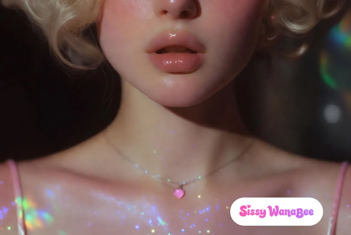 Dreamy beauty close-up, soft glossy pink lips slightly parted, a fine silver chain with a glowing pink heart padlock pendant at the throat, an iridescent pink top and holographic sparkle bokeh, the tender hush before an honest word