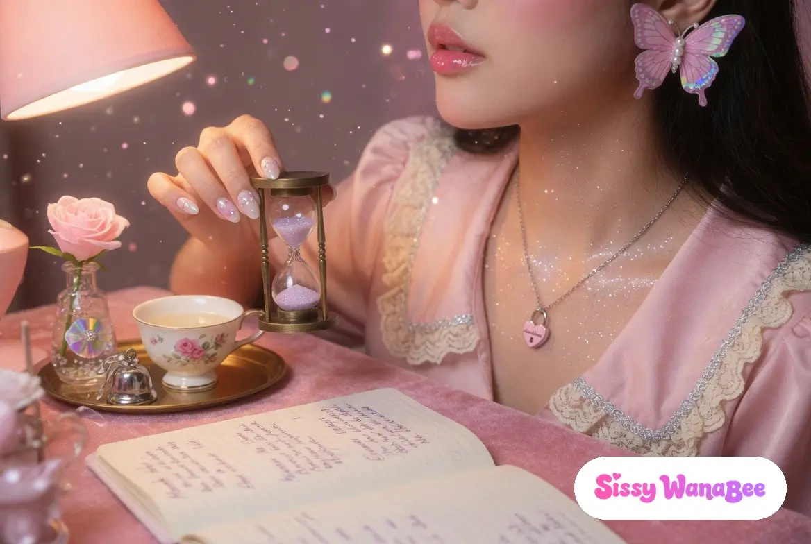 Soft close-up at a pink-velvet writing desk, glossy pink lips in steady focus, pearl-nailed hand turning an antique brass hourglass, journal showing a 3-column schedule (morning / noon / evening), brass tray with silver bell, the rhythm of devotion