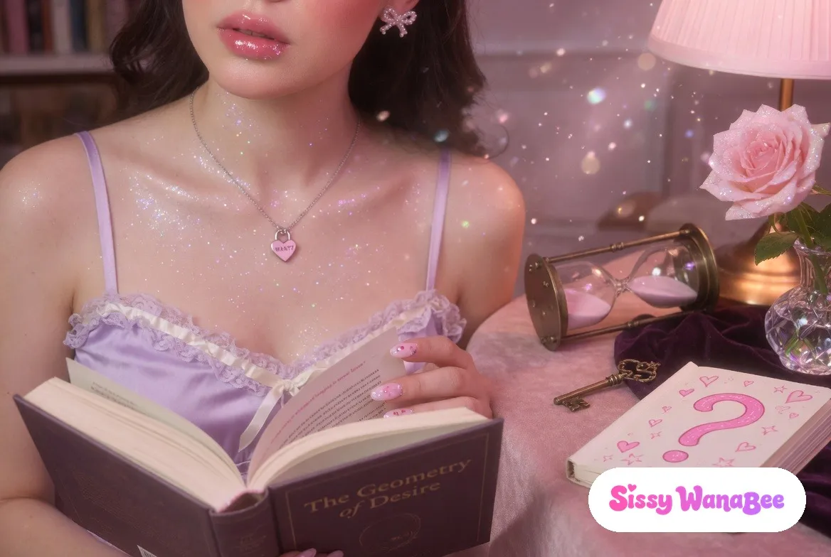 Soft close-up at a soft lilac library desk, glossy pink lips set in thoughtful inquiry, pastel-pink almond-nailed hand turning a page of an open philosophy book, antique brass hourglass tipped mid-flow on velvet, small brass key, the geometry of want